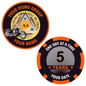 Custom Black and Orange Motorcycle Sobriety Chip